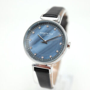 Women's Kenneth Cole Blue Crystallized MOP Dial Watch 30mm Black Leather Works